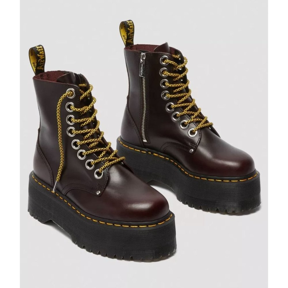 Dr. Martens Burgundy Leather Platform Combat Boots with Yellow Accents